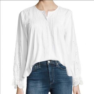 Joie White Peasant Cottage Core Boho Pleated Front Button Closure Eyelet Top